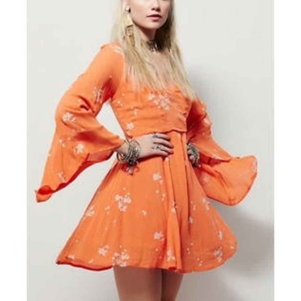 Free People Papaya Orange Bell-Sleeve Embroidered Mini Dress